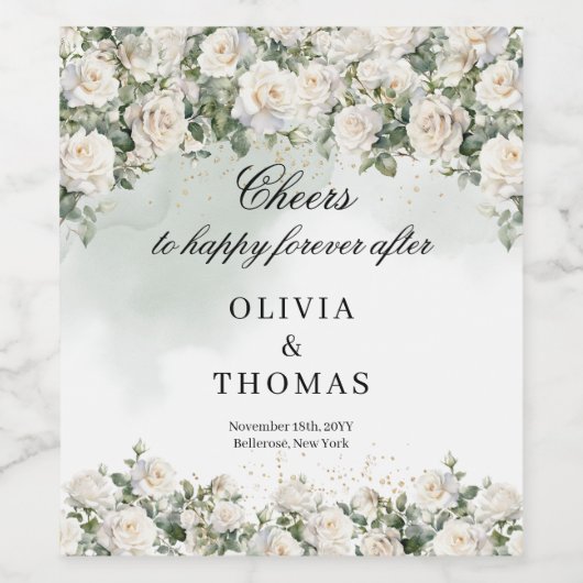 ロマンチックな白いバラのユーカリプトゥスグリーンリーと金ゴールド ワインラベル (シングルラベル)