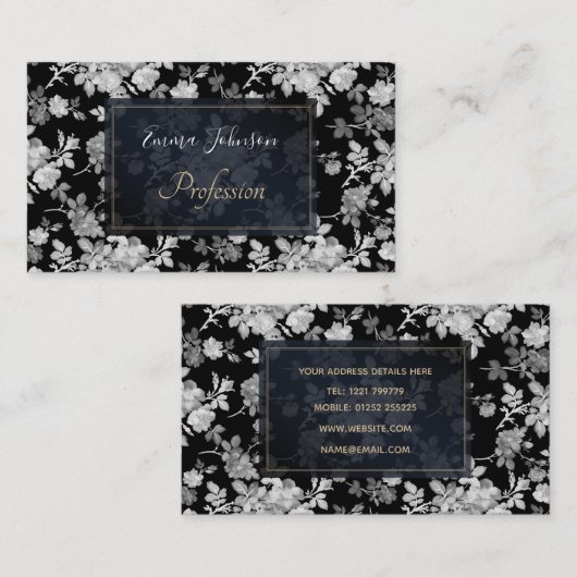 ロマンチックな白いバラ絵画フローラの黒いパターン 名刺 (正面/裏面)