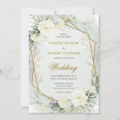 ロマンチックな白いバラ ユーカリ グリーンとゴールド 招待状 (正面)