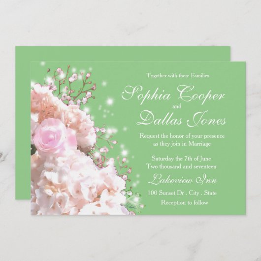 ロマンチックな白いピンクのアジサイの花結婚の花 招待状 (正面/裏面)