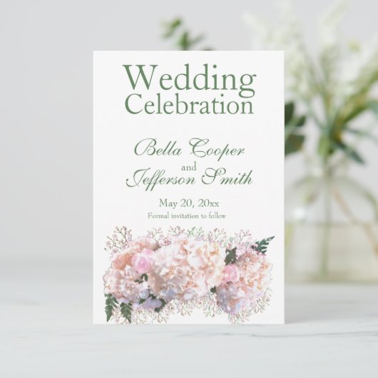 ロマンチックな白いレースのアジサイのピンクのトーズ セーブザデート (スタンド正面)