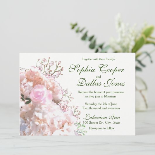 ロマンチックな白いレースのハイドランジアとピンクのバラのウェディング 招待状 (スタンド正面)