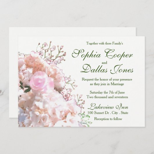 ロマンチックな白いレースのハイドランジアとピンクのバラのウェディング 招待状 (正面/裏面)