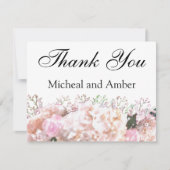 ロマンチックな白いレース紫陽花ピンクのバラ サンキューカード (正面)