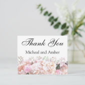 ロマンチックな白いレース紫陽花ピンクのバラ サンキューカード (スタンド正面)