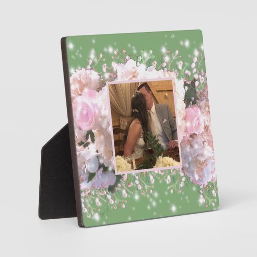 ロマンチックな白いレース紫陽花、ピンクのバラ フォトプラーク (正面)