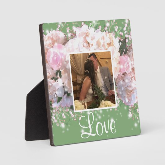 ロマンチックな白いレース紫陽花、ピンクのバラ フォトプラーク (正面)