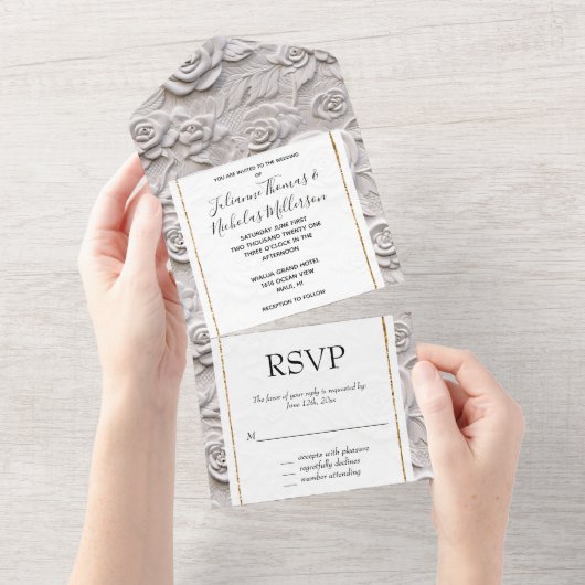 ロマンチックな白いロフェイクーズレザー結婚ズ オールインワン招待状 (貼ってはがせる)