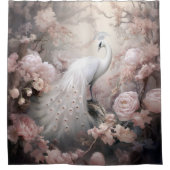 ロマンチックな白い孔雀と赤面ピンクの花 シャワーカーテン (正面)