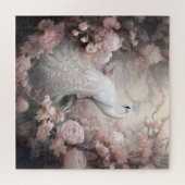 ロマンチックな白い孔雀と赤面ピンクの花 ジグソーパズル (横)