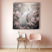 ロマンチックな白い孔雀と赤面ピンクの花 タペストリー