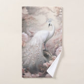 ロマンチックな白い孔雀と赤面ピンクの花 バスタオルセット (ハンドタオル)