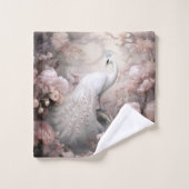 ロマンチックな白い孔雀と赤面ピンクの花 バスタオルセット (ウォッシュタオル)