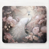 ロマンチックな白い孔雀と赤面ピンクの花 マウスパッド (正面)
