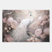 ロマンチックな白い孔雀と赤面ピンクの花 ラッピングペーパーシート (正面2)