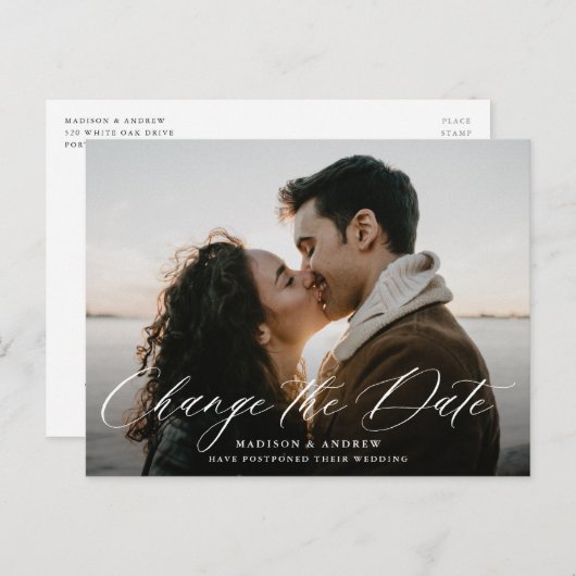 ロマンチックな白い書道写真日付の変更 案内ポストカード (正面/裏面)