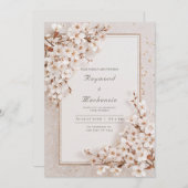 ロマンチックな白い桜のゴールドフレームウェディング 招待状 (正面/裏面)