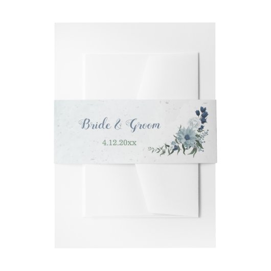ロマンチックな白い海軍と埃っぽい青結婚い花 招待状ベリーバンド (正面例)