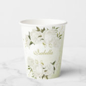 ロマンチックな白い花とグリーンがプリントされた紙コップ 紙コップ (裏面)