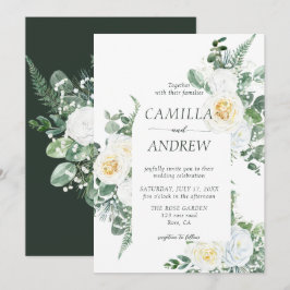 ロマンチックな白い花とグリーンウェディング 招待状