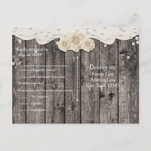 ロマンチックな白い花と真珠の木素朴のRSVP インビテーションポストカード (裏面)