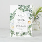 ロマンチックな白い花と結婚緑 招待状 (スタンド正面)