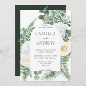 ロマンチックな白い花と結婚緑 招待状 (正面/裏面)