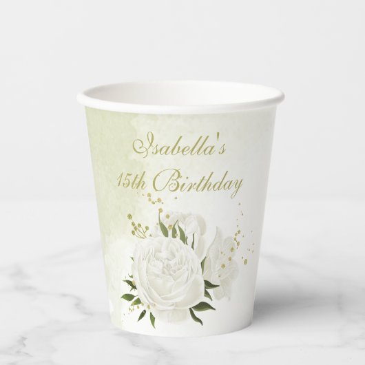ロマンチックな白い花と緑の葉の紙コップ 紙コップ (正面)