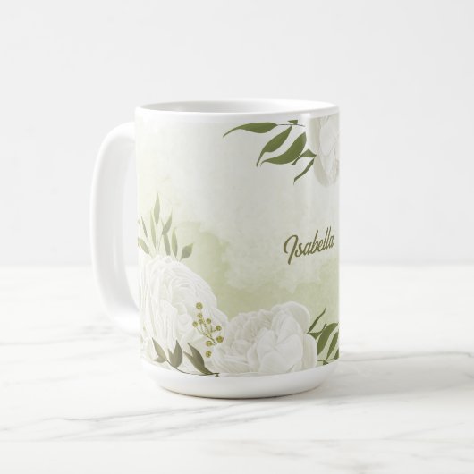 ロマンチックな白い花と緑の葉 コーヒーマグカップ (正面左)