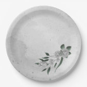 ロマンチックな白い花と緑葉の花 ペーパープレート (正面)