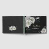 ロマンチックな白い花と緑葉の黒色 ゲストブック (全面)