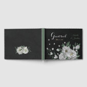 ロマンチックな白い花と緑葉の黒色 ゲストブック (全面)