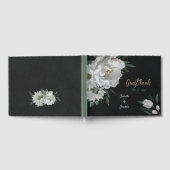 ロマンチックな白い花と緑葉の黒色 ゲストブック (全面)