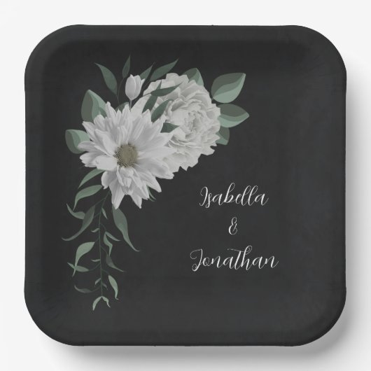 ロマンチックな白い花と緑葉の黒色 ペーパープレート (正面)