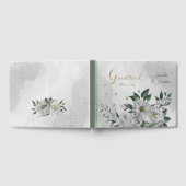 ロマンチックな白い花と離れ緑の結婚の花 ゲストブック (全面)