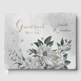 ロマンチックな白い花と離れ緑の結婚の花 ゲストブック