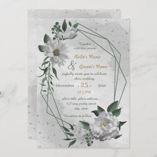 ロマンチックな白い花の幾何結婚的な 招待状 (正面/裏面)