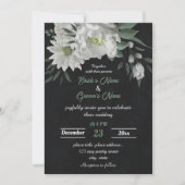 ロマンチックな白い花の植物性結婚黒 招待状 (正面)