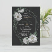 ロマンチックな白い花の植物黒い誕生日 招待状 (スタンド正面)