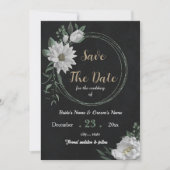 ロマンチックな白い花の植物黒 セーブザデート (正面)