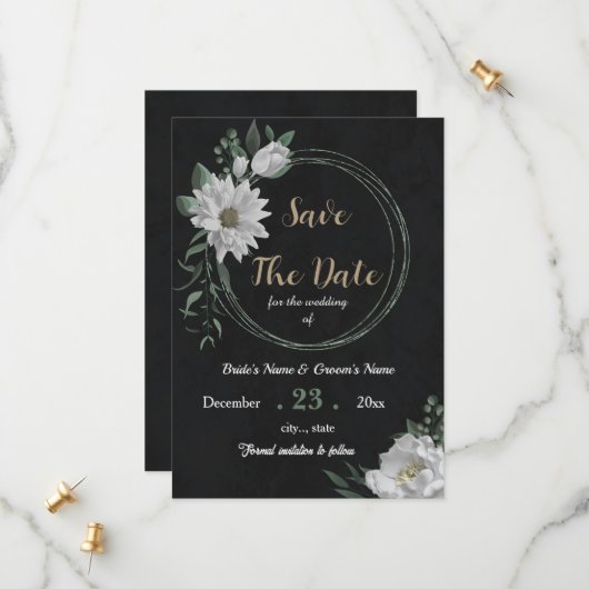 ロマンチックな白い花の植物黒 セーブザデート (正面/裏面インサイチュ)