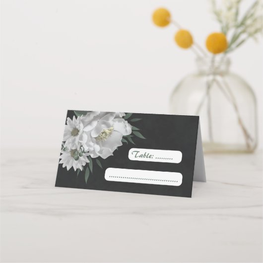 ロマンチックな白い花の植物黒 プレイスカード (正面)