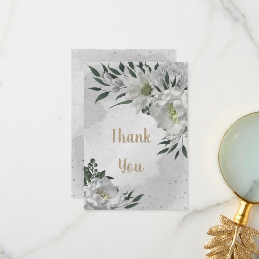 ロマンチックな白い花の結婚緑 サンキューカード (正面/裏面インサイチュ)