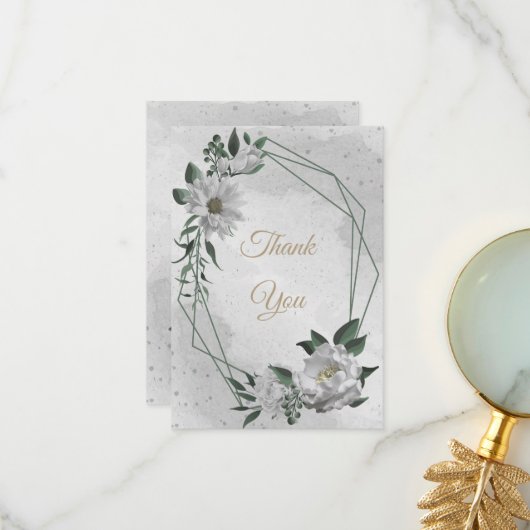 ロマンチックな白い花の結婚緑 サンキューカード (正面/裏面インサイチュ)