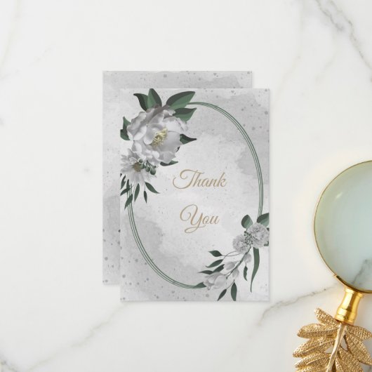 ロマンチックな白い花の結婚緑 サンキューカード (正面/裏面インサイチュ)