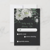 ロマンチックな白い花の緑の植物黒 出欠カード (正面)