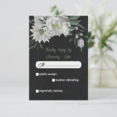 ロマンチックな白い花の緑の植物黒 出欠カード (スタンド正面)