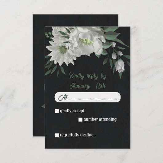 ロマンチックな白い花の緑の植物黒 出欠カード (正面/裏面)