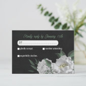 ロマンチックな白い花の緑の植物黒 出欠カード (スタンド正面)