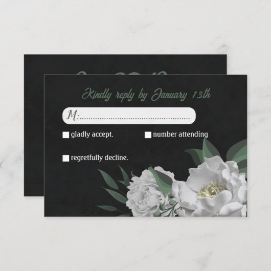 ロマンチックな白い花の緑の植物黒 出欠カード (正面/裏面)